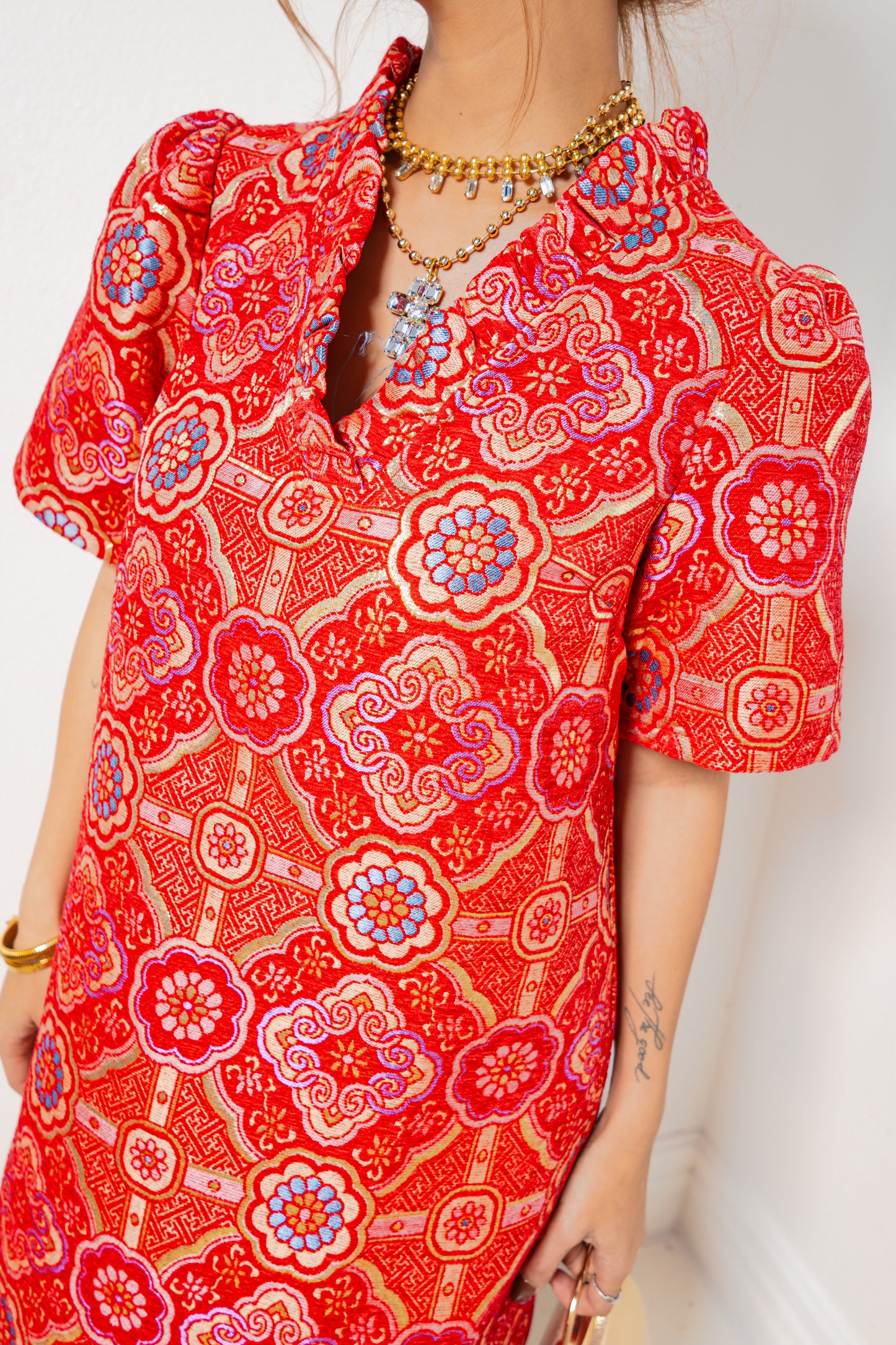 Vintage Rose Jacquard Ruffle Dress