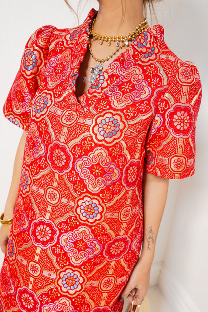 Vintage Rose Jacquard Ruffle Dress