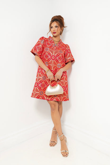 Vintage Rose Jacquard Ruffle Dress