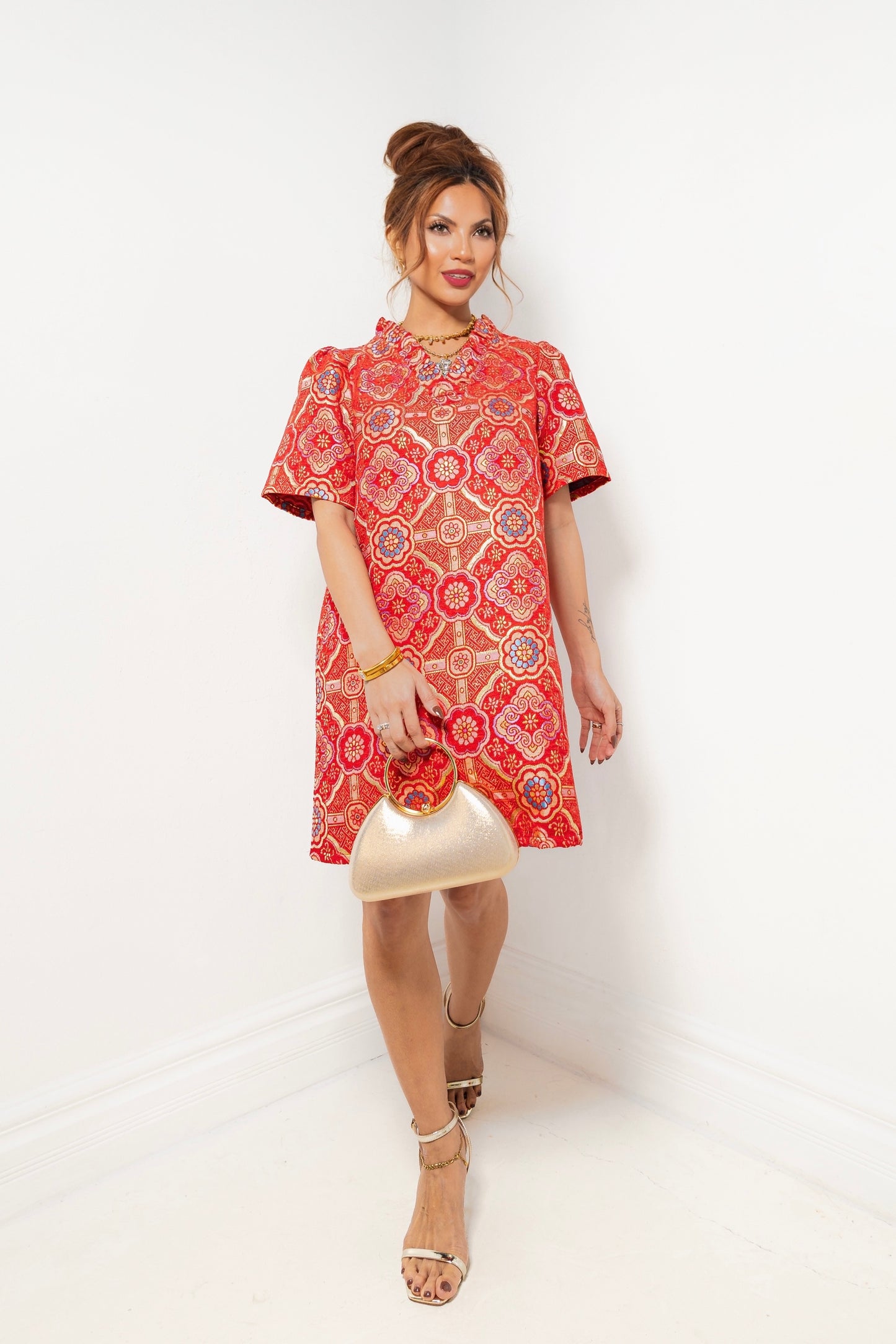 Vintage Rose Jacquard Ruffle Dress