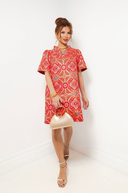 Vintage Rose Jacquard Ruffle Dress