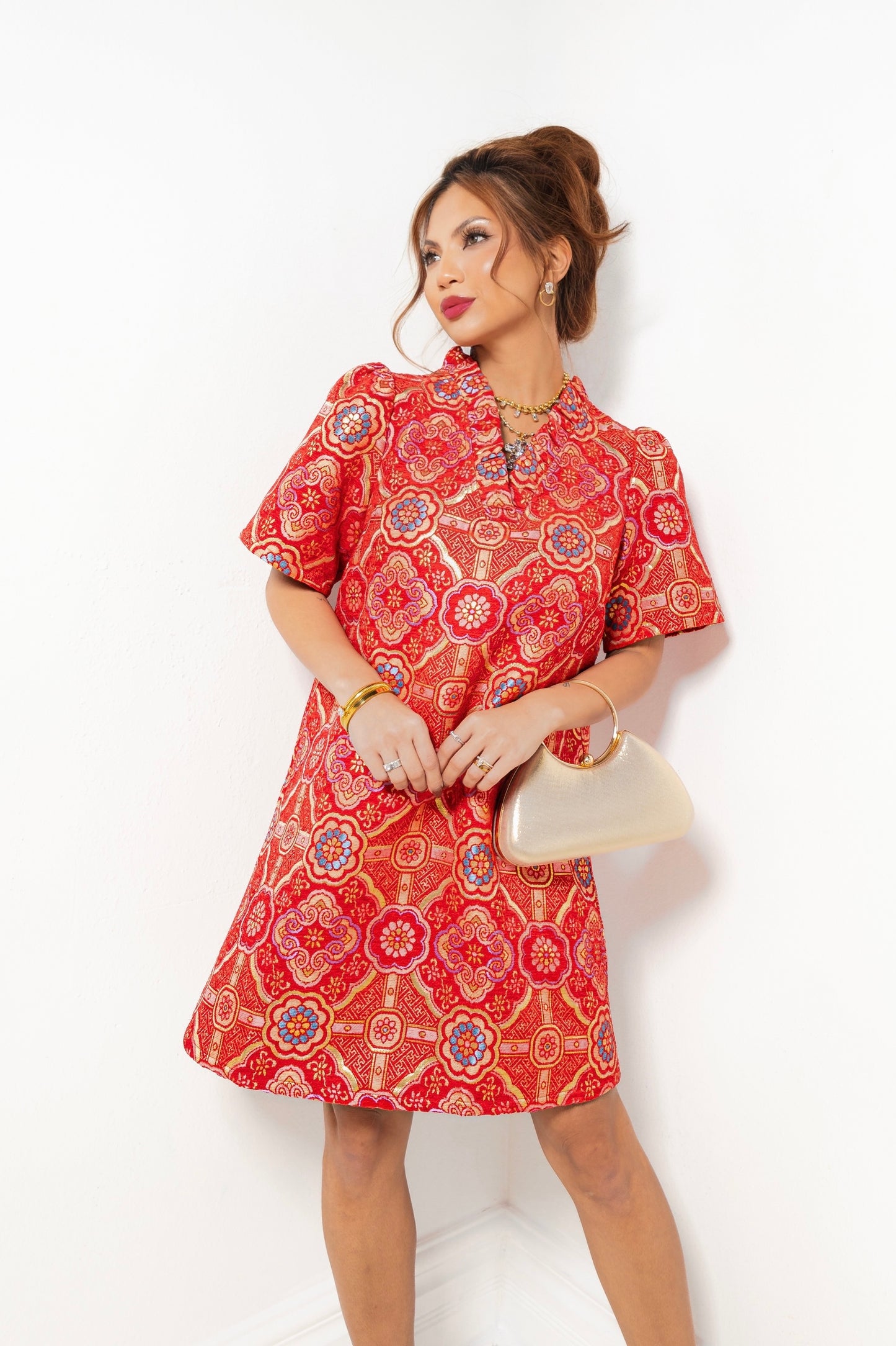 Vintage Rose Jacquard Ruffle Dress