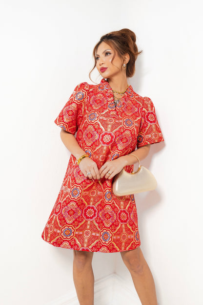 Vintage Rose Jacquard Ruffle Dress