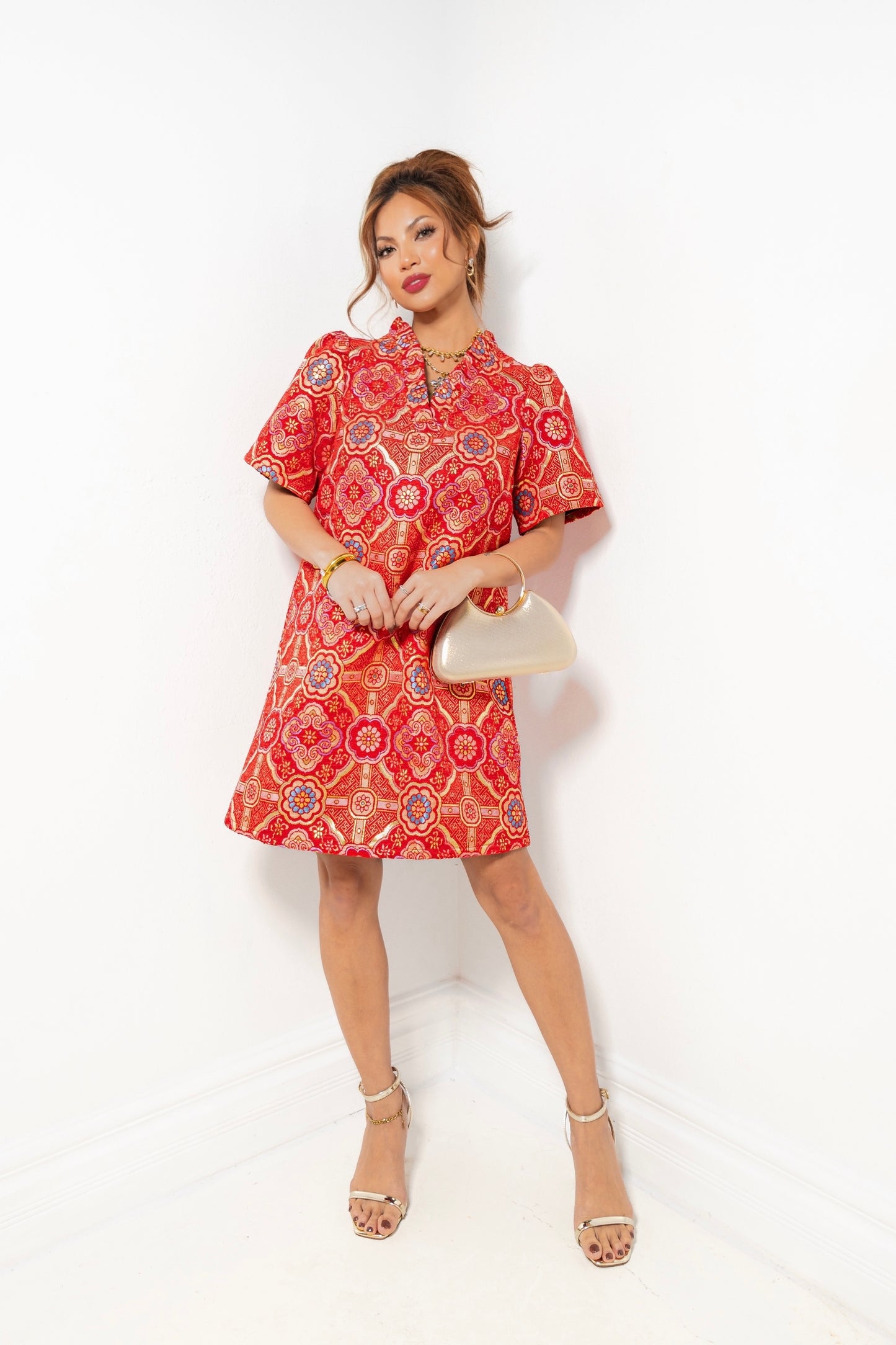 Vintage Rose Jacquard Ruffle Dress