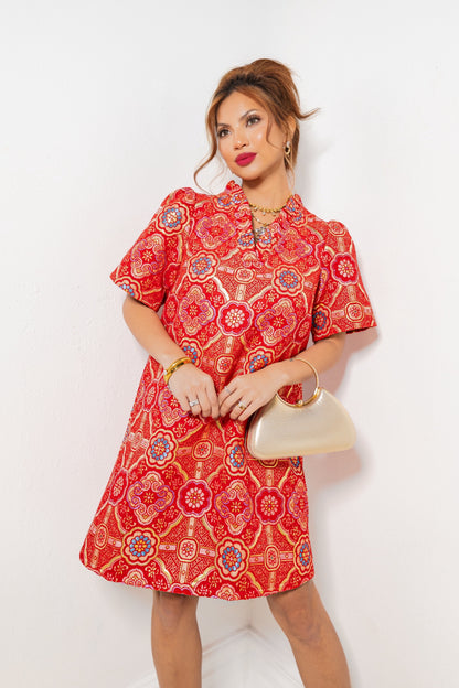 Vintage Rose Jacquard Ruffle Dress