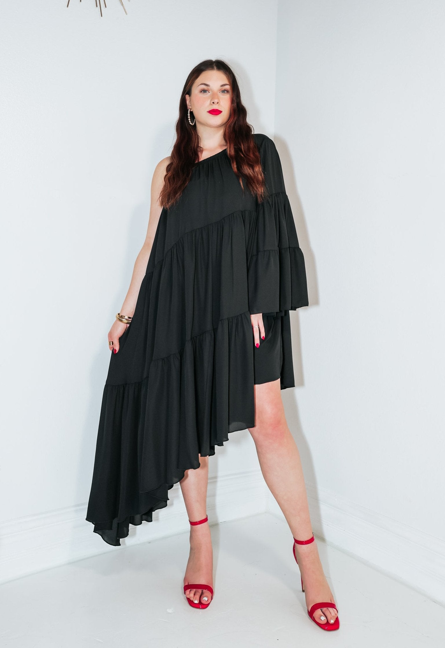 Voluminous One Shoulder Shirred Dress Black / Medium