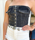 Washed Denim Buttoned Tube Top-KCoutureBoutique, women's boutique in Bossier City, Louisiana