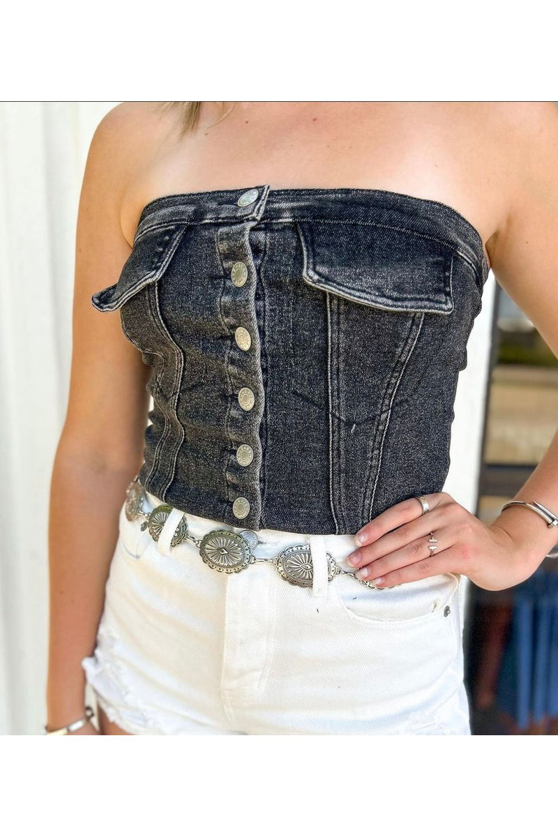 Washed Denim Buttoned Tube Top-KCoutureBoutique, women's boutique in Bossier City, Louisiana
