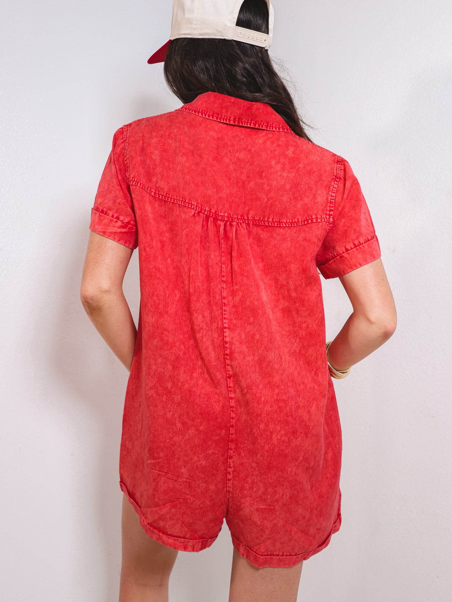 Washed Denim Cuff Sleeve Romper