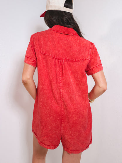 Washed Denim Cuff Sleeve Romper
