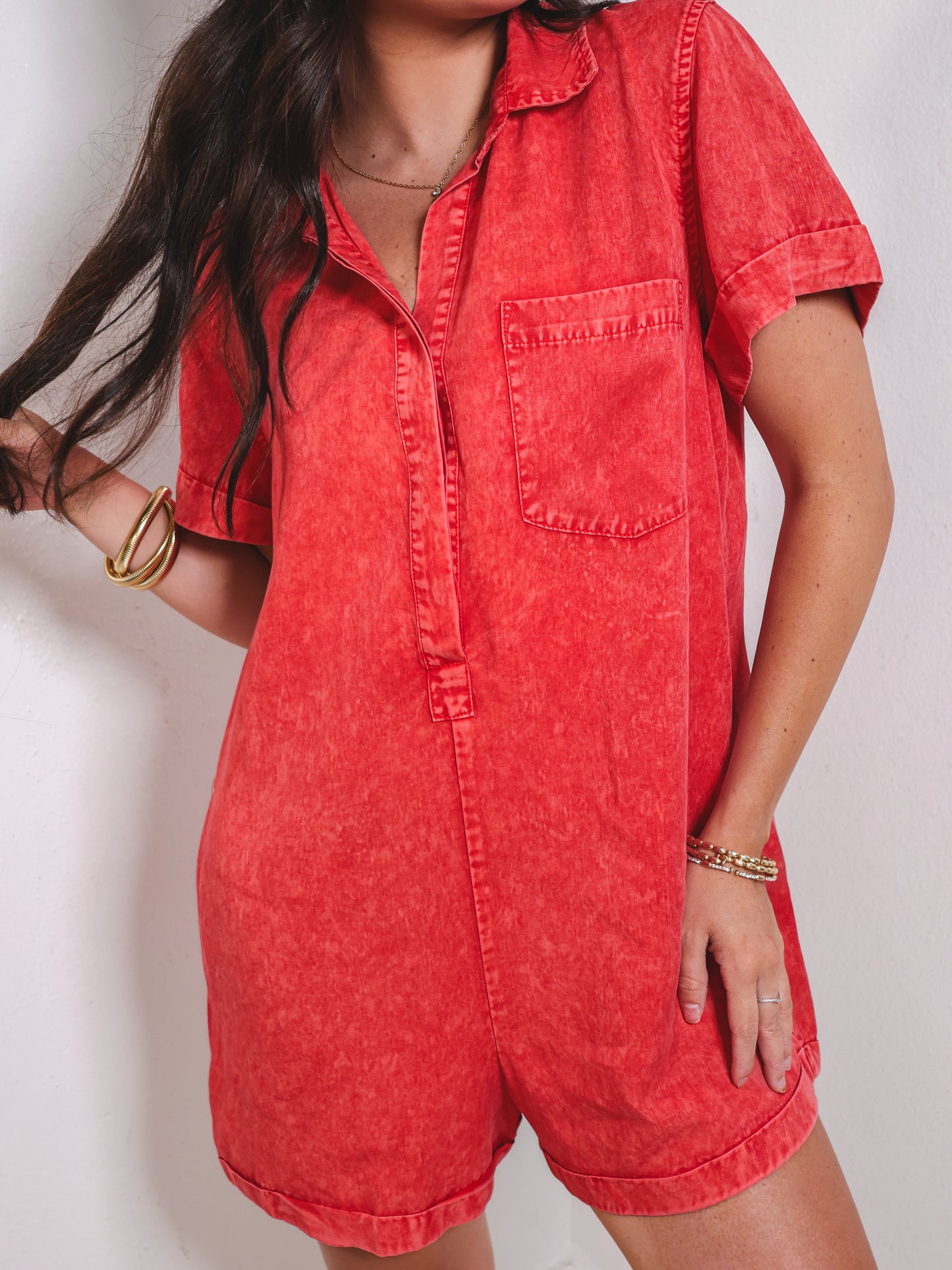 Washed Denim Cuff Sleeve Romper