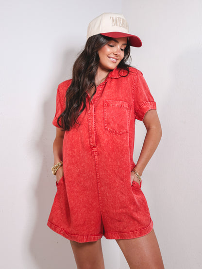 Washed Denim Cuff Sleeve Romper