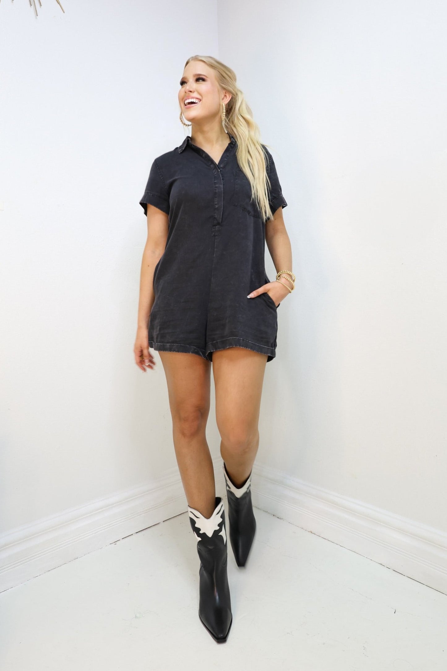 Washed Denim Cuff Sleeve Romper