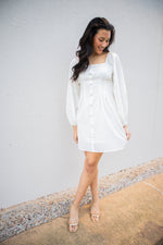 White Linen Long Sleeve Faux Button Dress-Dresses-KCoutureBoutique, women's boutique in Bossier City, Louisiana