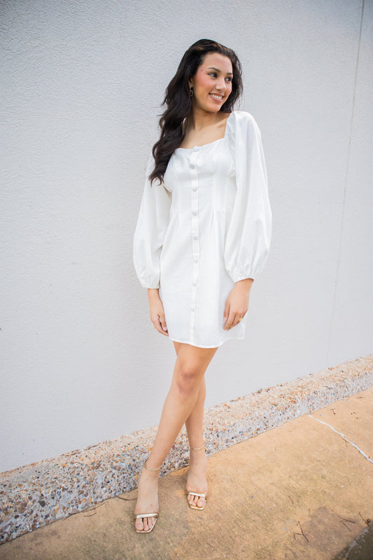 White Linen Long Sleeve Faux Button Dress-Dresses-KCoutureBoutique, women's boutique in Bossier City, Louisiana