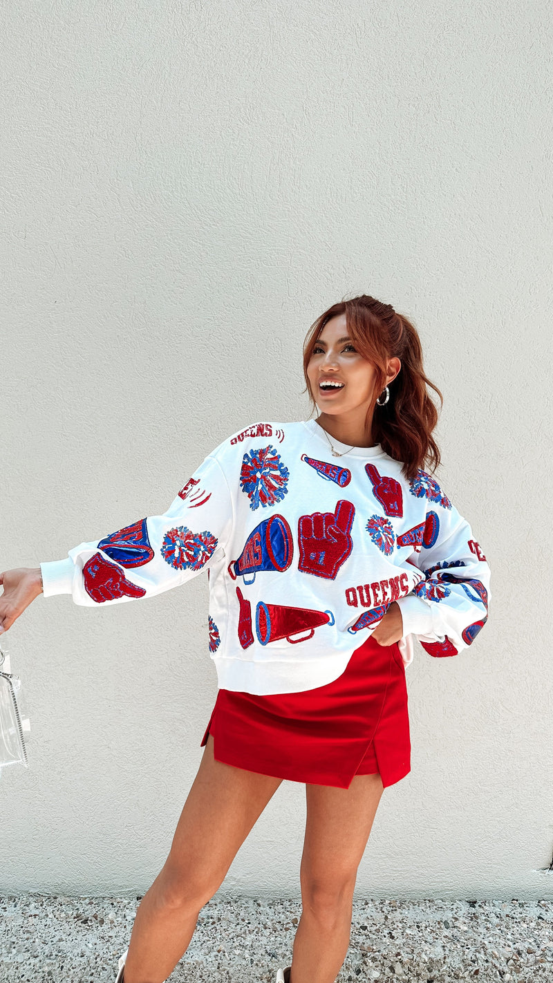 White, Red & Royal Cheers Queen Icon Sweatshirt-Sweatshirt-KCoutureBoutique, women's boutique in Bossier City, Louisiana