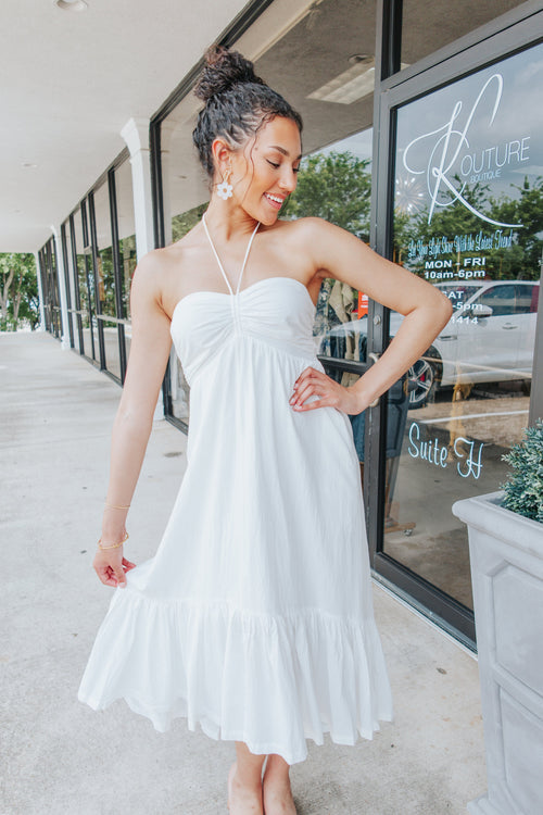 White Ruched Halter Midi Dress-Dresses-KCoutureBoutique, women's boutique in Bossier City, Louisiana
