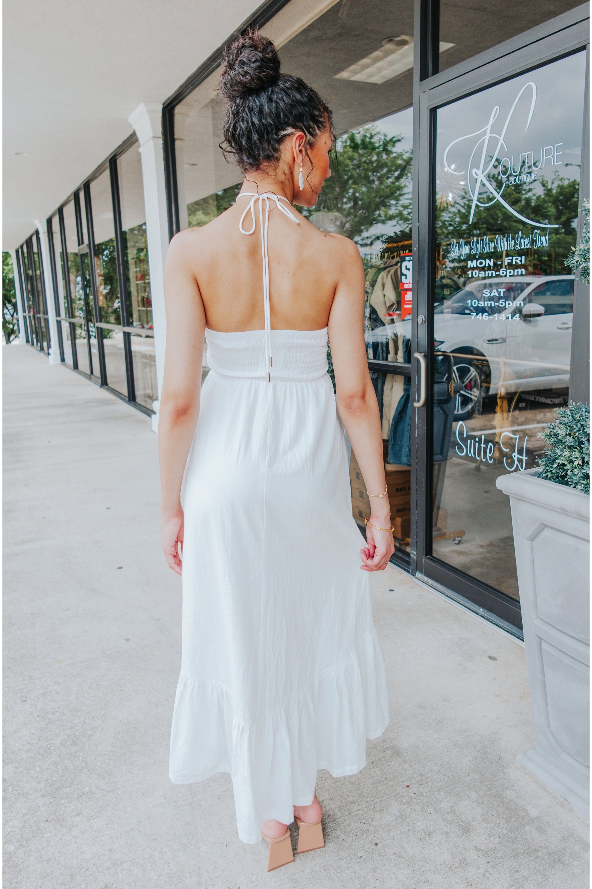 White Ruched Halter Midi Dress White Ruched Halter Midi Dress