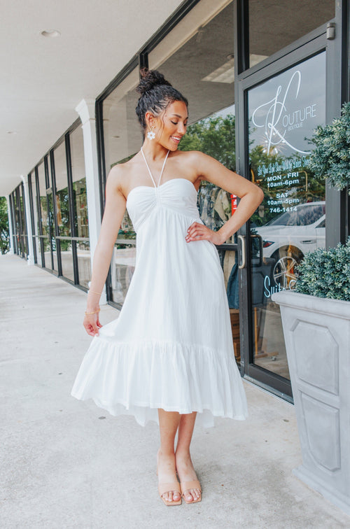 White Ruched Halter Midi Dress-Dresses-KCoutureBoutique, women's boutique in Bossier City, Louisiana