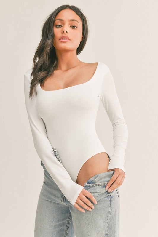 White Scoop Neck Long Sleeve Bodysuit-BodySuit-KCoutureBoutique, women's boutique in Bossier City, Louisiana