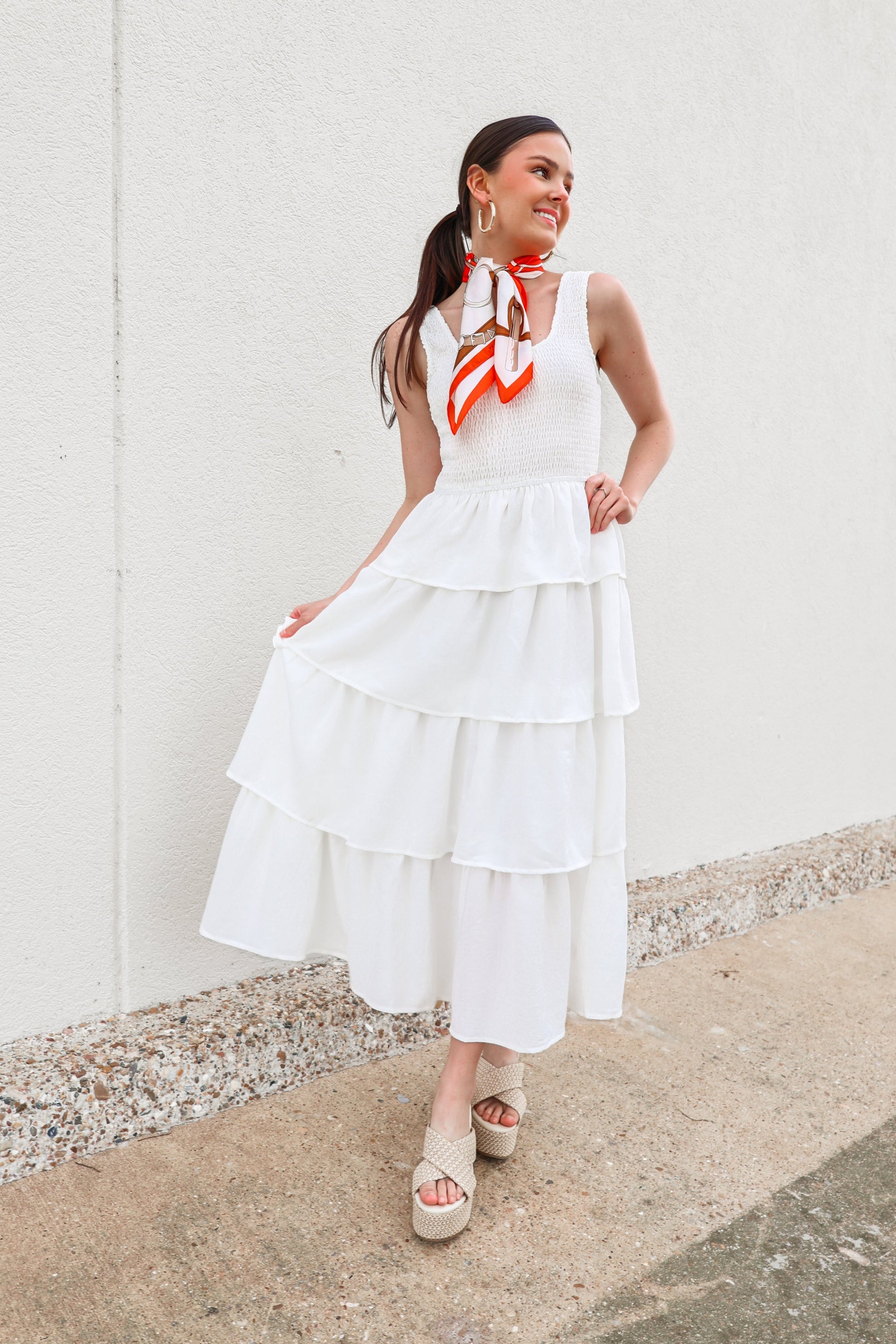 White Smocked Tiered Midi Dress1