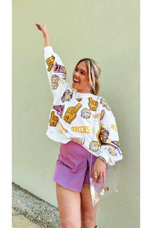 White, Yellow, & Purple Cheer Queen Icon Sweatshirt-Sweatshirt-KCoutureBoutique, women's boutique in Bossier City, Louisiana