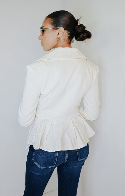 White Denim Asymmetric Pleated Jacket