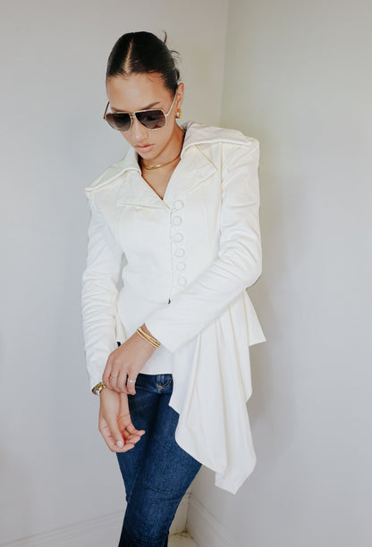 White Denim Asymmetric Pleated Jacket