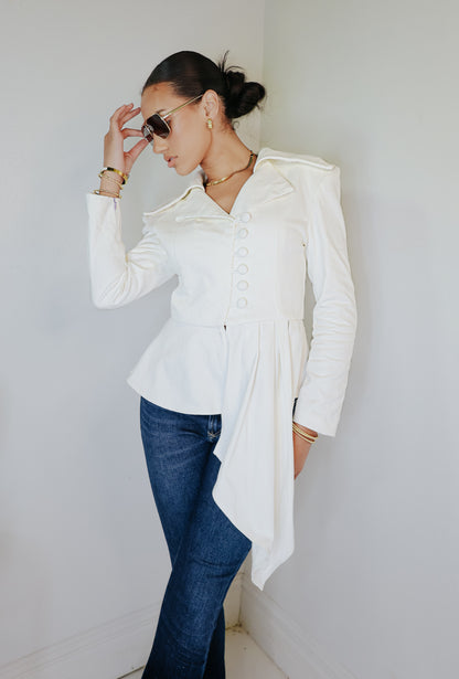 White Denim Asymmetric Pleated Jacket