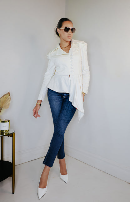 White Denim Asymmetric Pleated Jacket