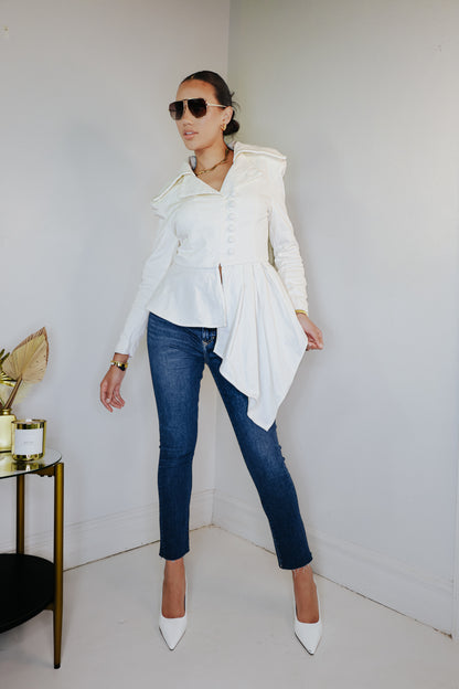 White Denim Asymmetric Pleated Jacket