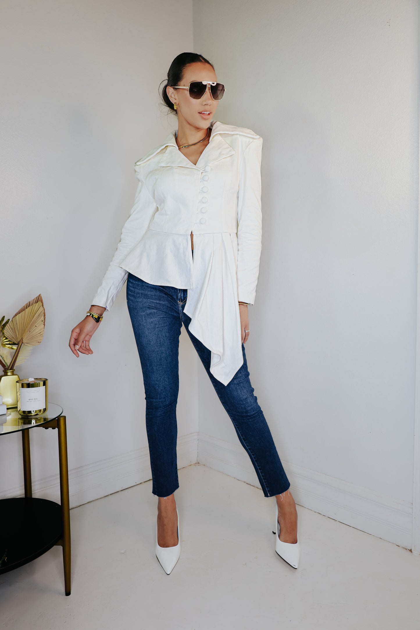 White Denim Asymmetric Pleated Jacket