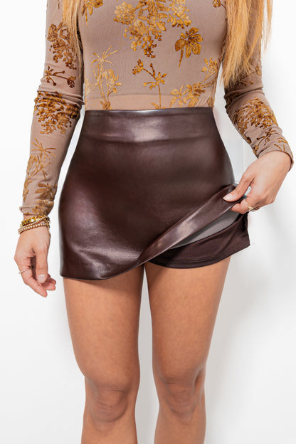 English Factory Brown Faux Leather Skort