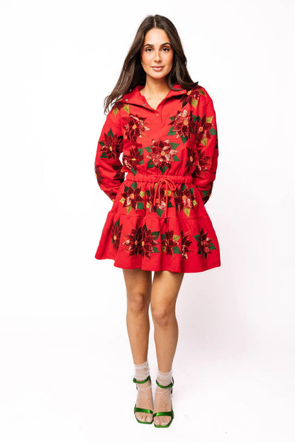 Queen of Sparkles Red Poinsettia Button Up Mock Neck Tie Sweatshirt Dress