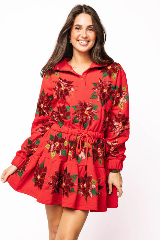 Queen of Sparkles Red Poinsettia Button Up Mock Neck Tie Sweatshirt Dress