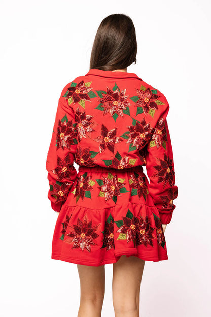 Queen of Sparkles Red Poinsettia Button Up Mock Neck Tie Sweatshirt Dress
