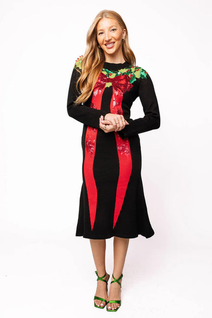 Queen of Sparkles Black, Green & Red Sequin Wreath With Bow Knit Midi Dress