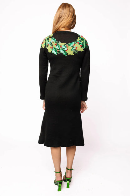 Queen of Sparkles Black, Green & Red Sequin Wreath With Bow Knit Midi Dress