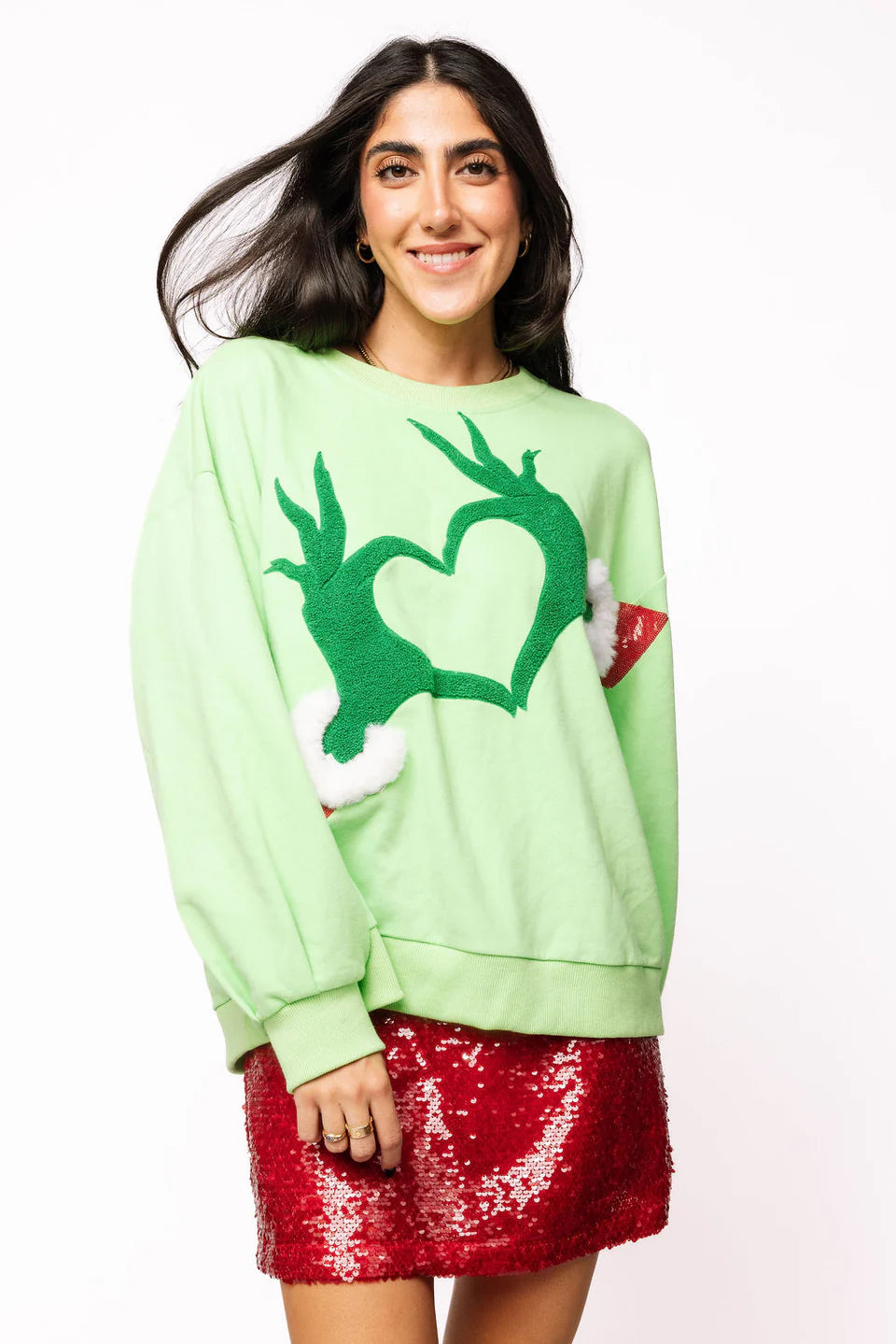 Queen of Sparkles Green Grinch Heart Hands Sweatshirt