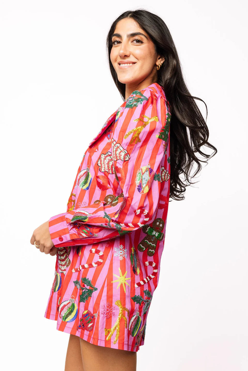 Queen of Sparkles Pink & Red Stripe Christmas Icon Collar Dress