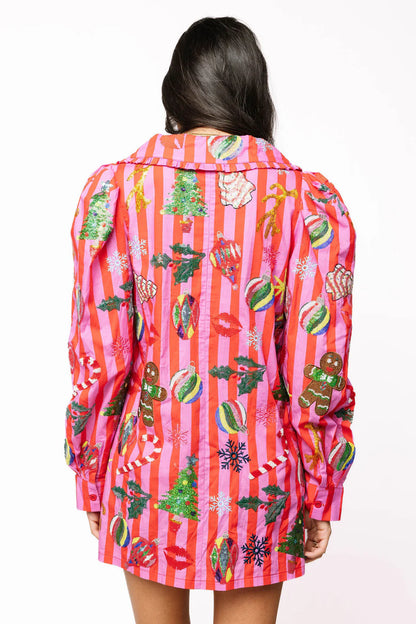 Queen of Sparkles Pink & Red Stripe Christmas Icon Collar Dress