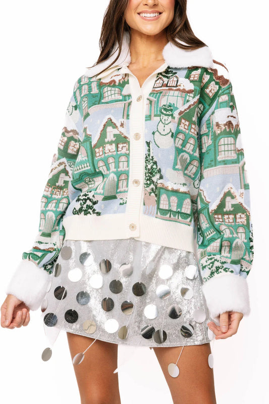 QOS Snowy Village Fur Trim Cardigan