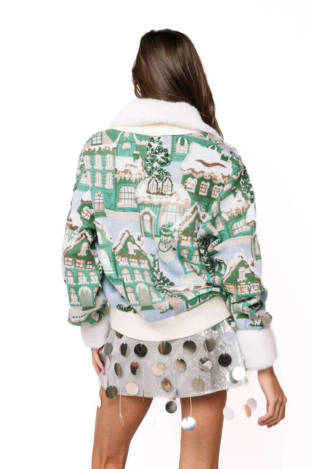 QOS Snowy Village Fur Trim Cardigan