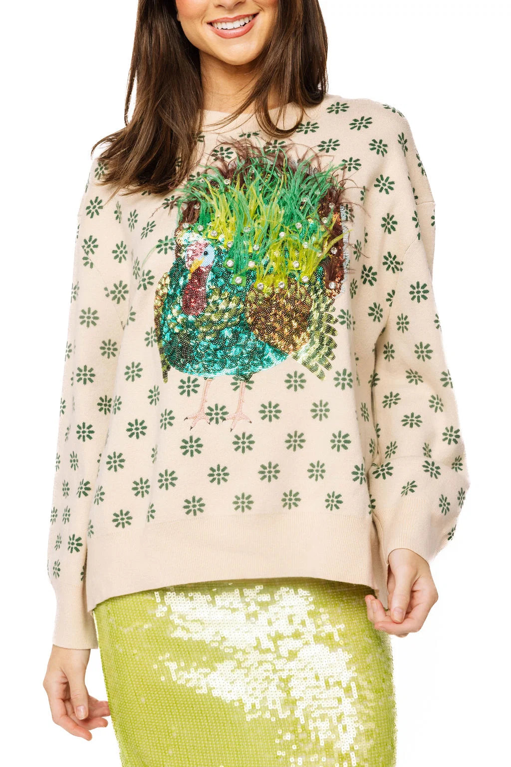 QOS Feathered Turkey Floral Sweater