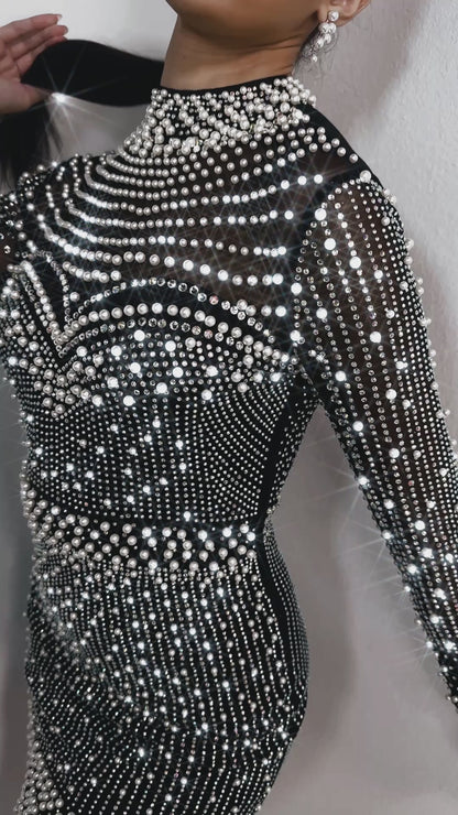 Pearl Illusion Rhinestone Embellished Mini Dress