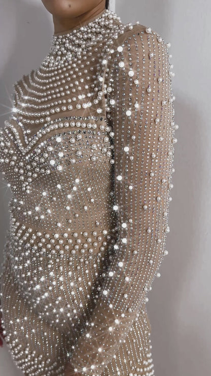 Pearl Illusion Rhinestone Embellished Mini Dress