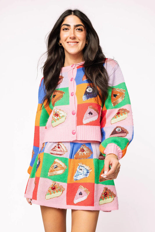 Queen of Sparkles Rainbow Colorblock Piece of Pie Button Up Sweater