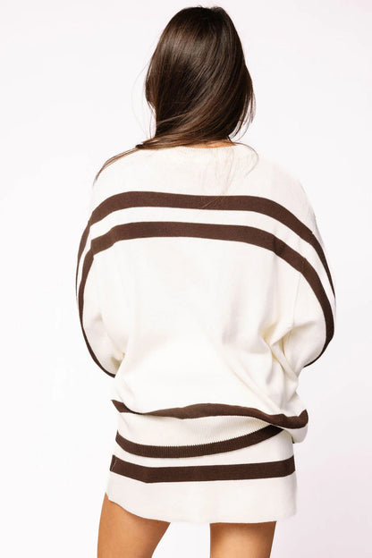 Queen of Sparkles White & Brown Stripe 'Gobble' Long Sleeve Sweater