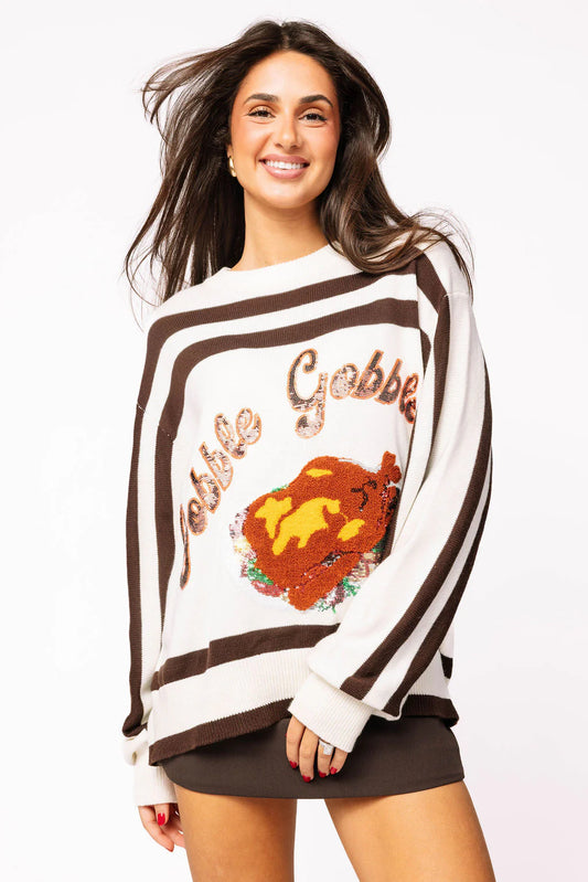 Queen of Sparkles White & Brown Stripe 'Gobble' Long Sleeve Sweater