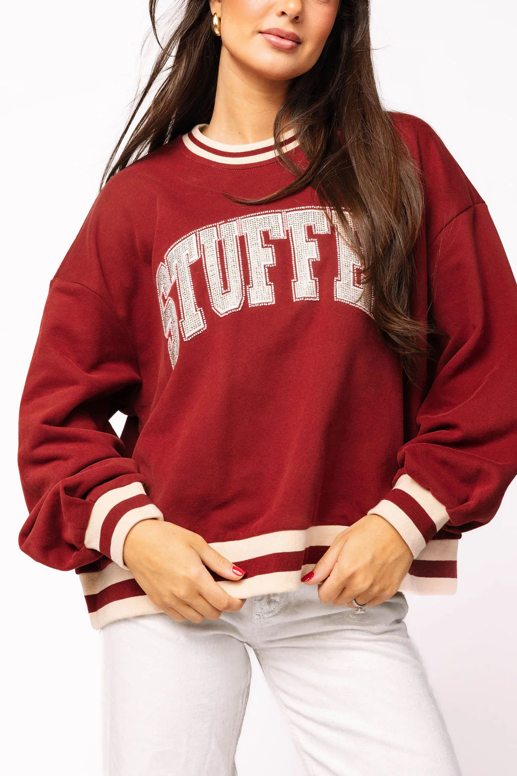 Queen of Sparkles Maroon & Ivory Rhinestone 'Stuffed" Sweatshirt